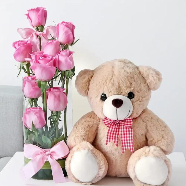 Charming Pink Roses Vase with Teddy Set