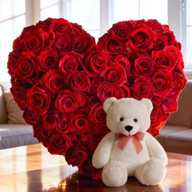 Heart Shaped Arrangement of Red Roses & Teddy Set