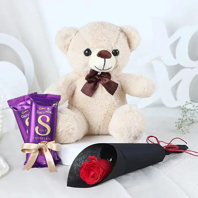 Single Rose & Teddy Chocolate Combo set 