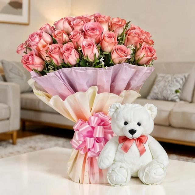 Roses Bouquet & Teddy Set 