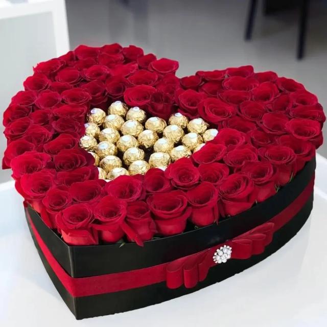 Roses & Ferrero Roccher in a Heart Shape Box Bouquet 