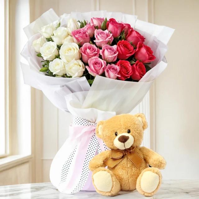 Bouquet of Red, Pink & White with Teddy Set 