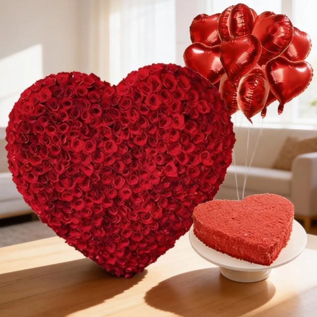 Heart Shape Arrangement of Roses, Cake & Balloons Set 