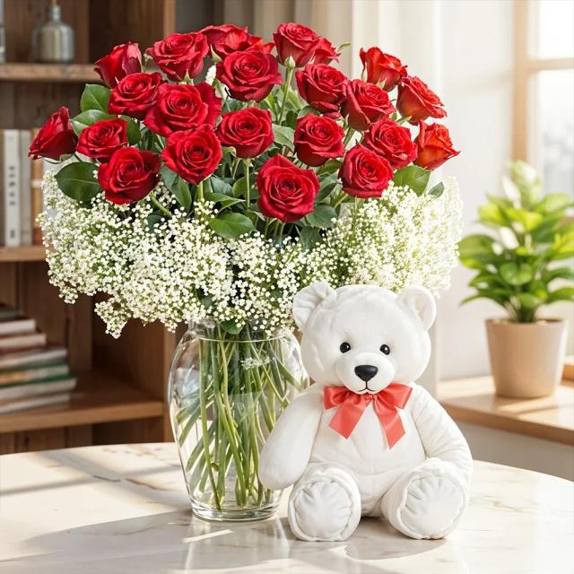 Red Roses in a Vase & Teddy set 
