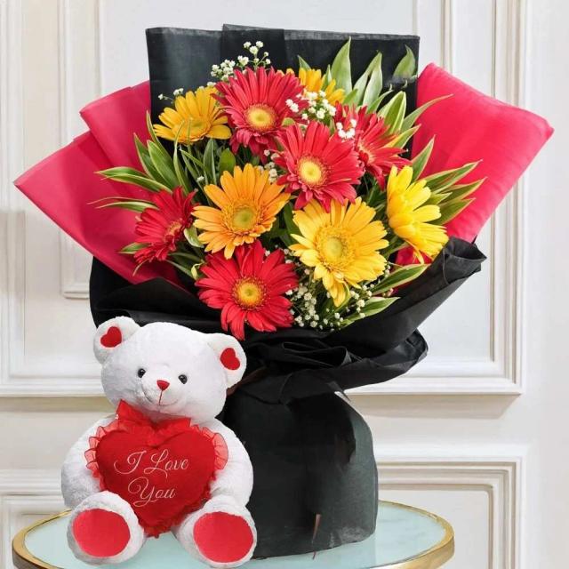 Bouquet of Gerberas & Teddy Bear Set