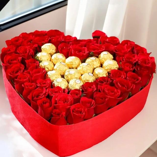 Heart Box of Roses & Ferrero Bouquet