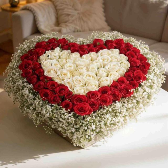 Heart Shaped Arrangement of Red & White Roses Bouquet