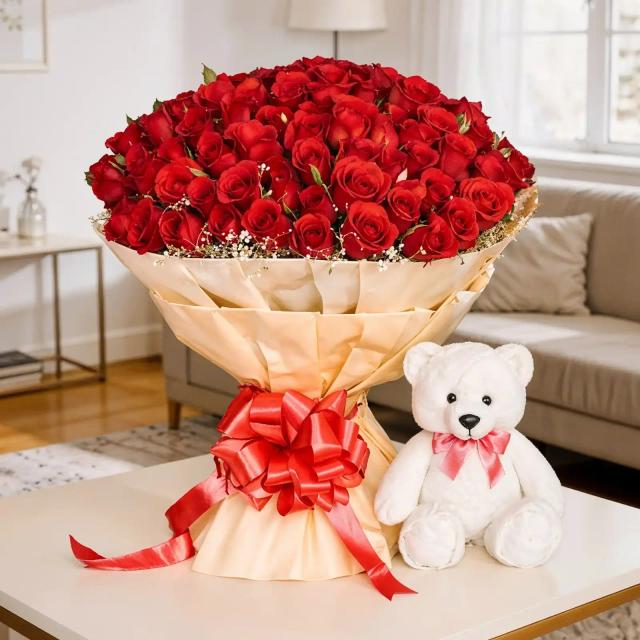 Red Roses Bouquet With Teddy set 