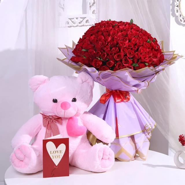 Majestic Roses With Teddy N Love Card Combo