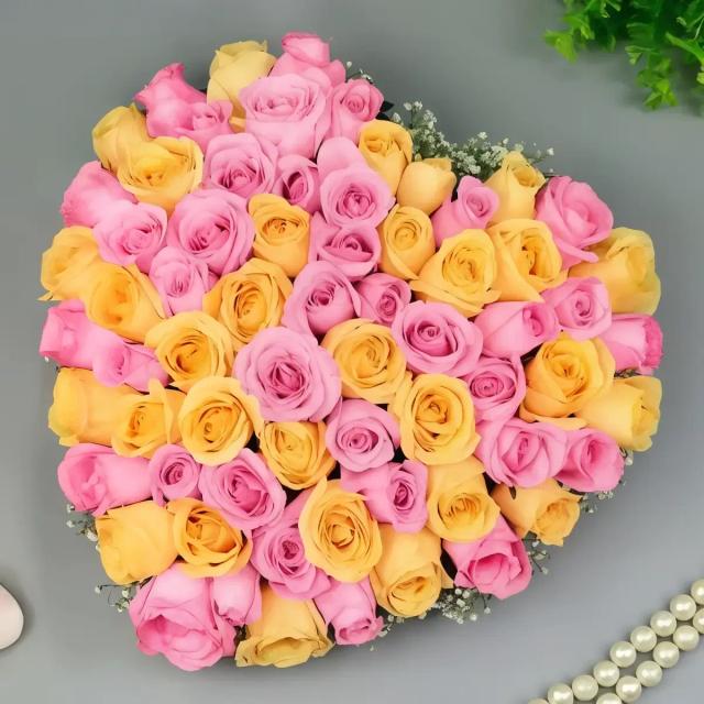 Heart of Pink n Yellow Roses Bouquet 