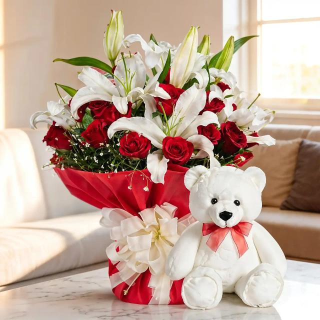 Bouquet of Lilies & Roses & Teddy Set