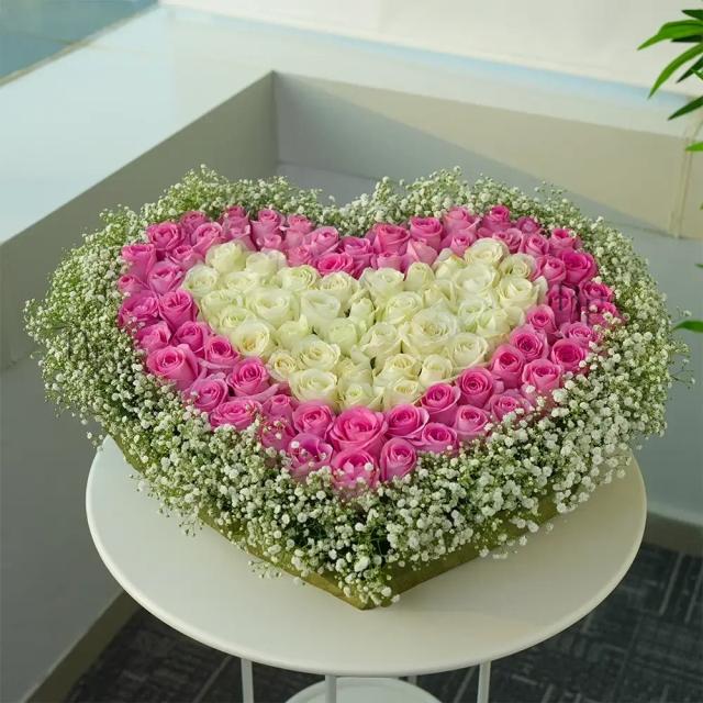 Heart Shaped Arrangement of White & Pink Roses Bouquet 