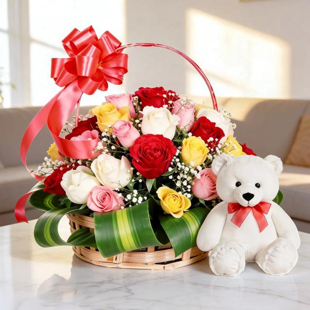Mixed Roses in a Basket & Teddy Set 