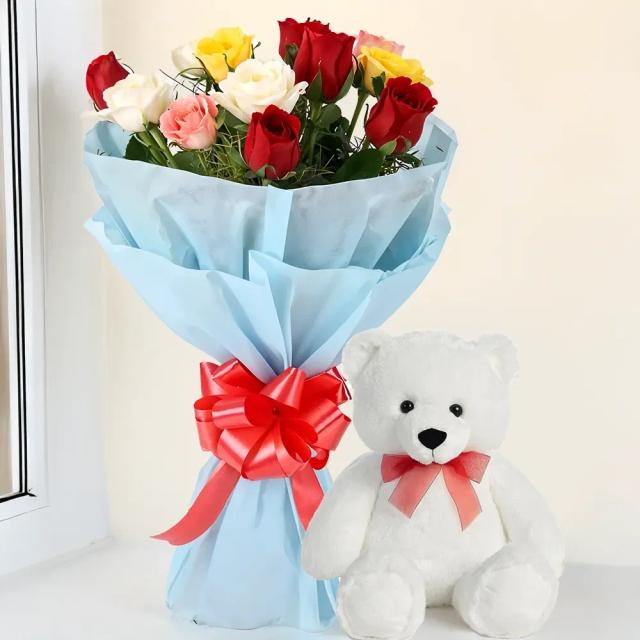 Mixed Roses Bouquet With Small Teddy Set 