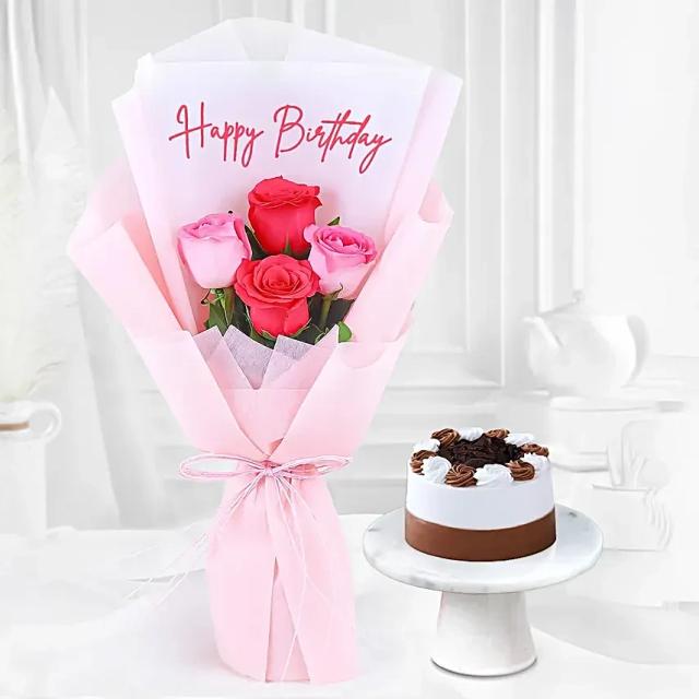 Angelic Rose Flowers  Bouquet & Black Forest Birthday Bliss