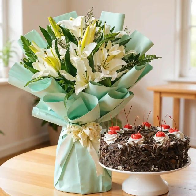 White Lily Flowers  Bouquet with Cake